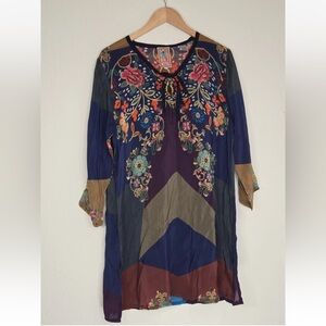 Johnny Was Ludios Tie Front Tunic Top Bohemian Hippie Cupra Rayon Size M Womens